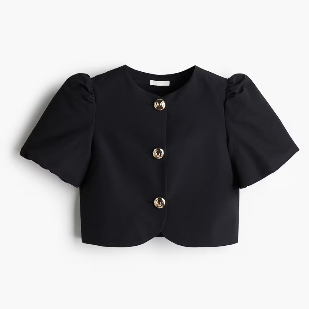 Zara Black Cropped Puff Sleeve Jacket with Gold Buttons